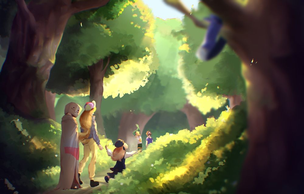 Antoine, Baghera, Pomme, Étoiles and Aypierre are having fun together while Kameto's Headband is hanging on a tree