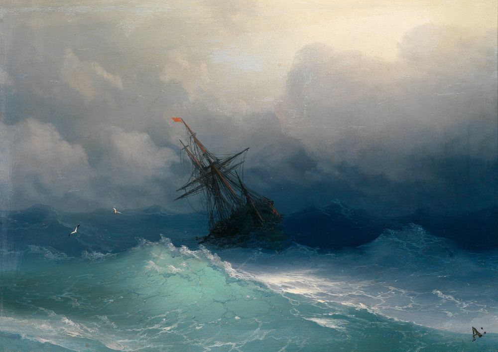 Ivan Aivazovsky's painting "Ship on Stormy Seas" depicts a wildly canting sailing ship in the middle distance of a storm-ridden sea. In the foreground, a wave of flawless translucent blue forms, and it's so incredibly depicted I could just vomit.