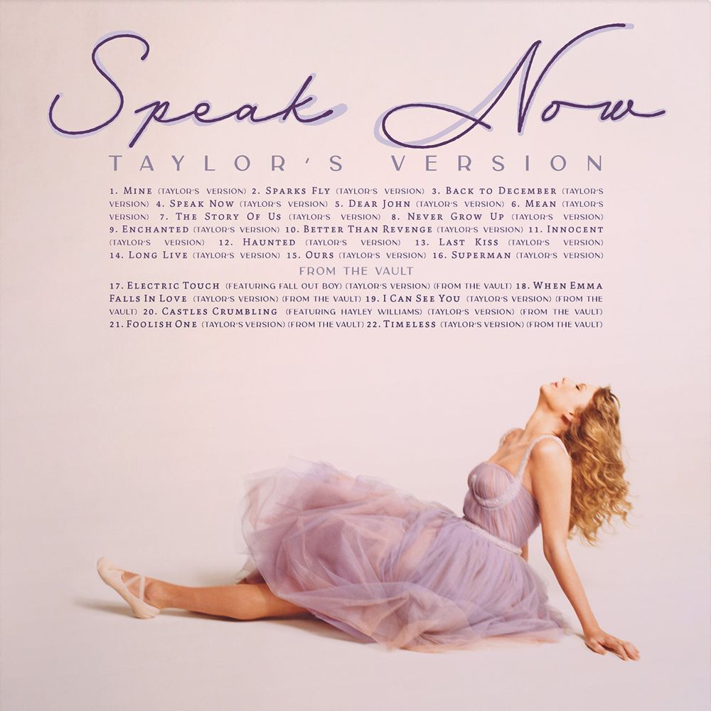 The back cover for Speak Now (Taylor’s Version), featuring Taylor Swift posing in a puffy lavender dress. She is sitting on the ground with one leg outstretched, her arms straight and supporting her weight, and her face pointed upwards (eyes closed). All of the song titles are also shown, from Mine (Taylor’s Version) to Timeless (Taylor’s Version). 