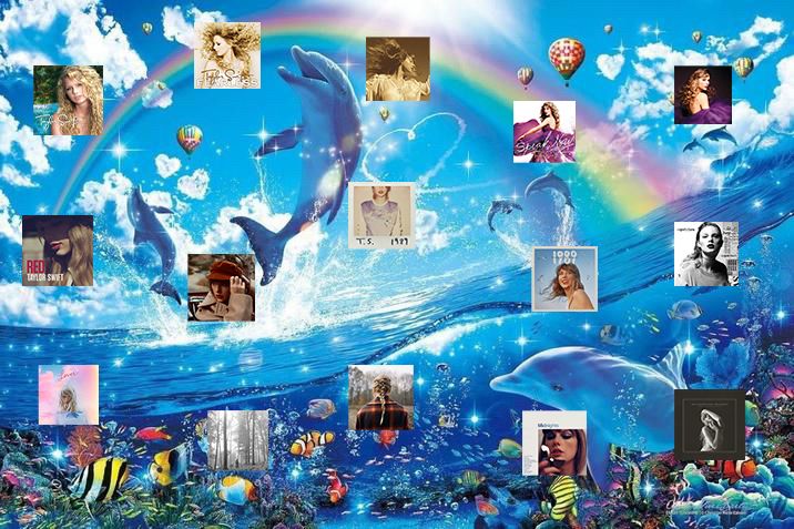 The meme image with dolphin, rainbows, and sunshine covered by all of Taylor’s (default) album covers, including Taylor’s Versions.