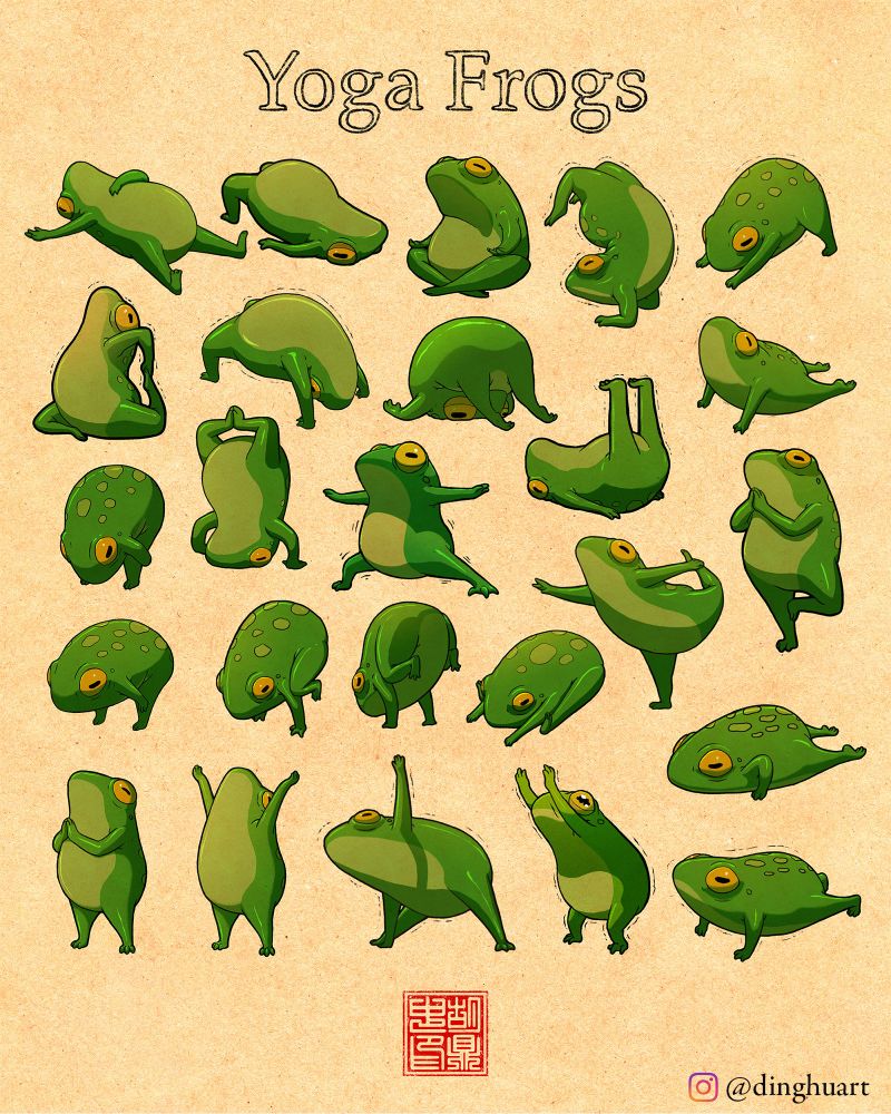 An illustration of a variety of cartoon frogs doing yoga poses