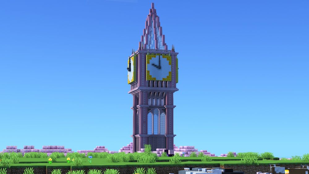 A Minecraft build of a pink clock tower surrounded by cherry trees