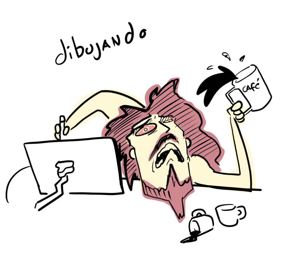 Cartoon image of a scraggy, beareded, long-haired man with too many cups of coffe hunched over a drawing tablet.