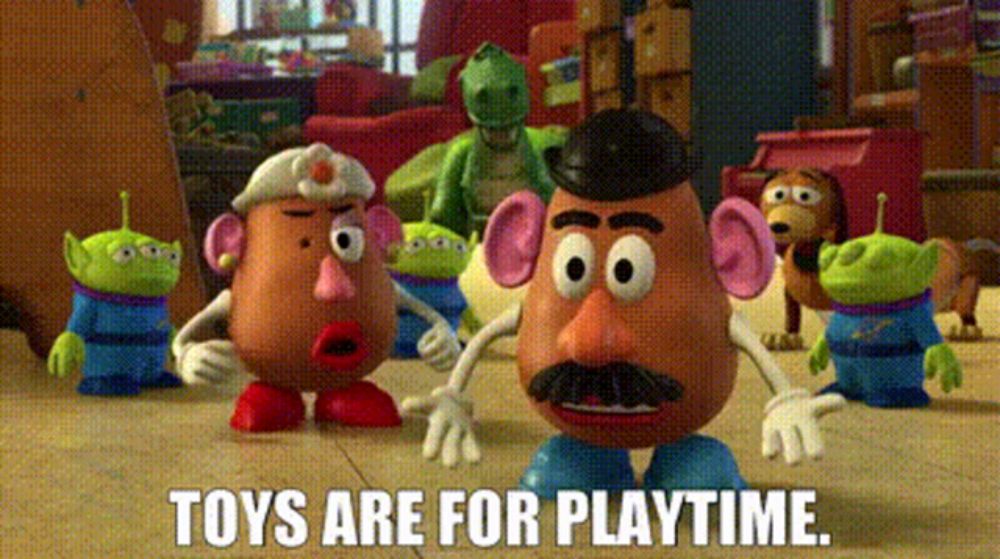 a group of toy story characters are standing on a wooden floor with the words toys are for playtime written below them