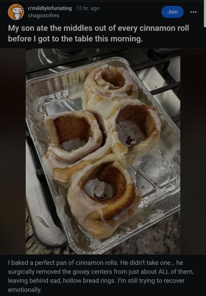 r/mildlyinfuriating chagoscifres

12 hr. ago

Join

My son ate the middles out of every cinnamon roll before I got to the table this morning.

I baked a perfect pan of cinnamon rolls. He didn't take one... he surgically removed the gooey centers from just about ALL of them, leaving behind sad, hollow bread rings. I'm still trying to recover emotionally.