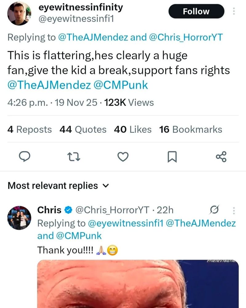 Replying to @TheAJMendez and @Chris HorrorYT

This is flattering, hes clearly a huge fan,give the kid a break, support fans rights

@TheAJMendez @CMPunk

4:26 p.m. 19 Nov 25 123K Views

4 Reposts

44 Quotes

40

Likes

16 Bookmarks

Most relevant replies

Chris @Chris HorrorYT 22h Replying to

thank You 