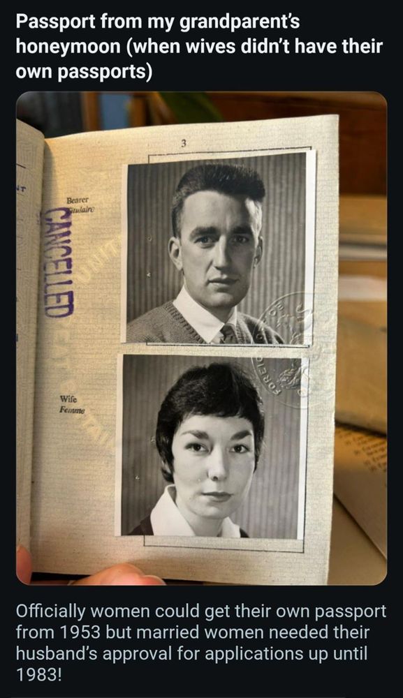 United StatesSitulaire

CANCELLED

Wife Femme

3

Officially women could get their own passport from 1953 but married women needed their husband's approval for applications up until 1983!