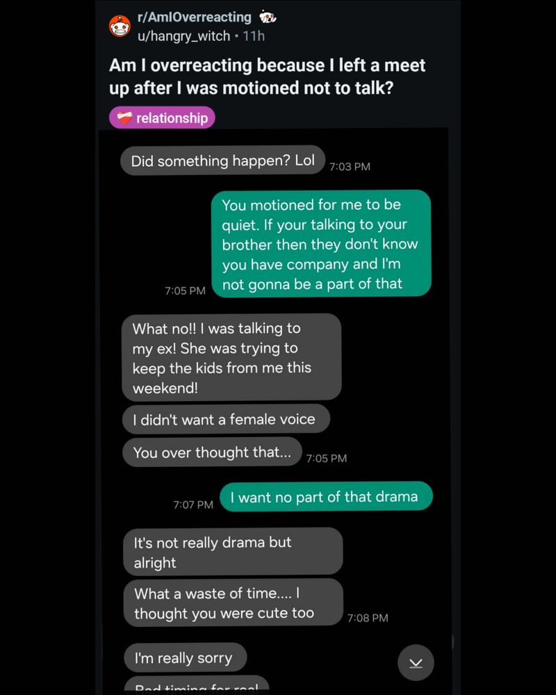 r/AmlOverreacting u/hangry_witch 11h

Am I overreacting because I left a meet up after I was motioned not to talk?

relationship

Did something happen? Lol

7:03 PM

7:05 PM

You motioned for me to be quiet. If your talking to your brother then they don't know you have company and I'm not gonna be a part of that

What no!! I was talking to my ex! She was trying to keep the kids from me this weekend!

I didn't want a female voice

You over thought that...

7:07 PM

7:05 PM

I want no part of that drama

It's not really drama but alright

What a waste of time.... I thought you were cute too

I'm really sorry

Dad timina f

7:08 PM