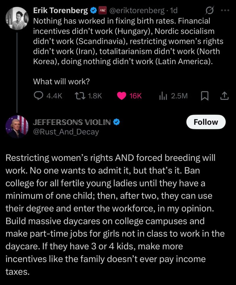 @eriktorenberg 1d

♡

Erik Torenberg A

Nothing has worked in fixing birth rates. Financial incentives didn't work (Hungary), Nordic socialism didn't work (Scandinavia), restricting women's rights didn't work (Iran), totalitarianism didn't work (North Korea), doing nothing didn't work (Latin America).

What will work?

4.4K

1.8K

16K

2.5M

♡

JEFFERSONS VIOLIN @Rust_And_Decay

Follow

Restricting women's rights AND forced breeding will work. No one wants to admit it, but that's it. Ban college for all fertile young ladies until they have a minimum of one child; then, after two, they can use their degree and enter the workforce, in my opinion. Build massive daycares on college campuses and make part-time jobs for girls not in class to work in the daycare. If they have 3 or 4 kids, make more incentives like the family doesn't ever pay income

taxes.