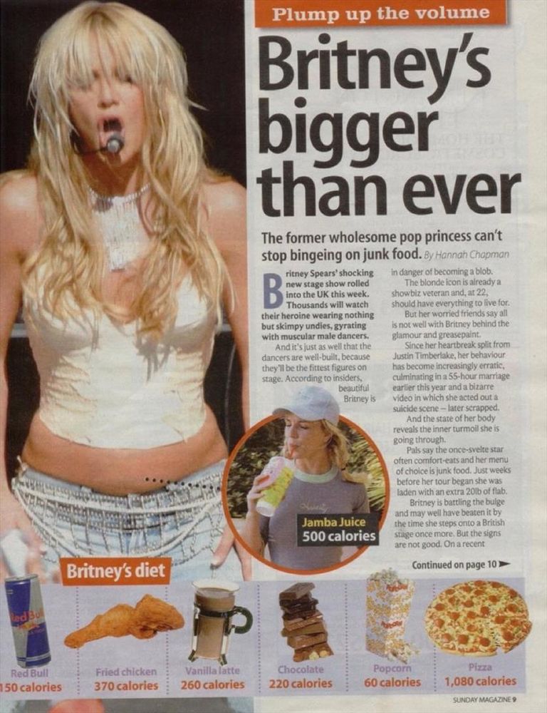 Plump up the volume

Britney's bigger than ever

The former wholesome pop princess can't stop bingeing on junk food. By Hannah Chapman

ritney Spears' shocking B D new stage show rolled into the UK this week. Thousands will watch their heroine wearing nothing but skimpy undies, gyrating with muscular male dancers. And it's just as well that the dancers are well-built, because they'll be the fittest figures on stage. According to insiders,

beautiful

Britney is

in danger of becoming a blob. The blonde icon is already a showbiz veteran and, at 22, should uld have everything to live for.

But her worried friends say all is not well with Britney behind the glamour and greasepaint.

Since her heartbreak split from Justin Timberlake, her behaviour has become increasingly erratic, culminating in a 55-hour marriage earlier this year and a bizarre video in which she acted out a

uicide scene- later scrapped And the state of her body reveals the inner turmoil she is

going through. Pals say th
