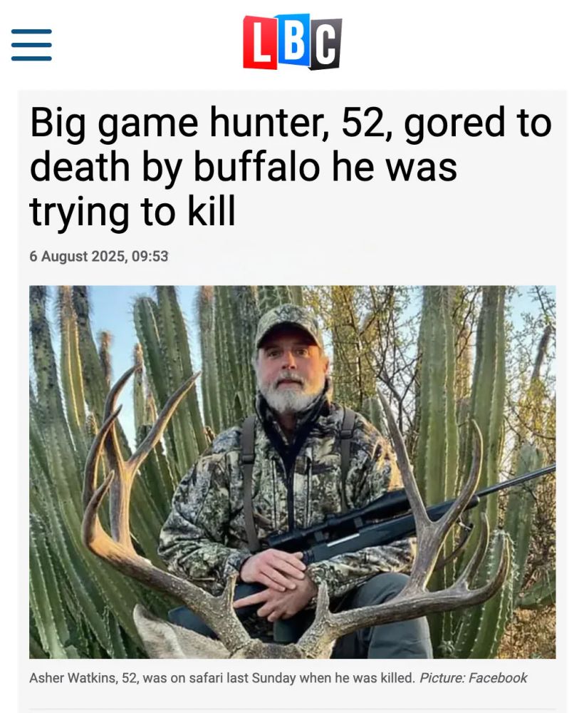 LBC

Big game hunter, 52, gored to death by buffalo he was trying to kill

6 August 2025, 09:53

Asher Watkins, 52, was on safari last Sunday when he was killed. Picture: Facebook