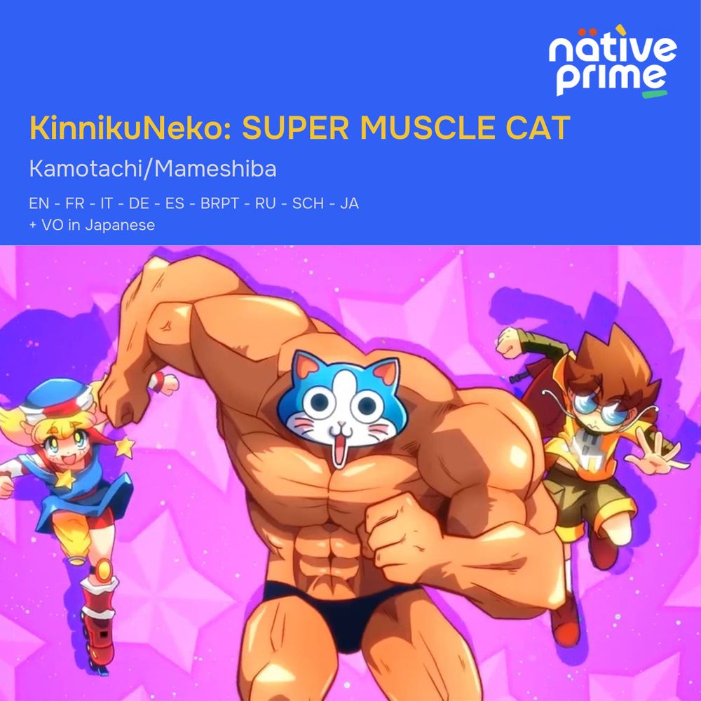 A promotional image for the game KinnikuNeko: Super Muscle Cat. The picture shows a bodybuilder style muscular male looking body but with a blue cat head and two other characters. A character in red rollerskates, a blue dress and a blue hat with blond hair in two braids that have yellow decorative stars on the end. The other character has shorter brown hair, glasses, a cape, a yellow shirt with a ghost printed on it over a dark brown longsleeve, in brown shorts and red shoes. The background is glitter pink with stars. The company Native Prime posts here that they took care of localisation and Japanese voice over recordings, congratulating the developers and publishers on the release of the game on video game consoles.