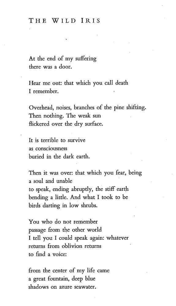 The Wild Iris

by Louise Gluck

At the end of my suffering
there was a door.

Hear me out: that which you call death
I remember.

Overhead, noises, branches of the pine shifting.
Then nothing. The weak sun
flickered over the dry surface.

It is terrible to survive
as consciousness
buried in the dark earth.

Then it was over: that which you fear, being
a soul and unable
to speak, ending abruptly, the stiff earth
bending a little.  And what I took to be
birds darting in low shrubs.

You who do not remember
passage from the other world
I tell you I could speak again: whatever
returns from oblivion returns
to find a voice:

from the center of my life came
a great fountain, deep blue
shadows on azure sea water.