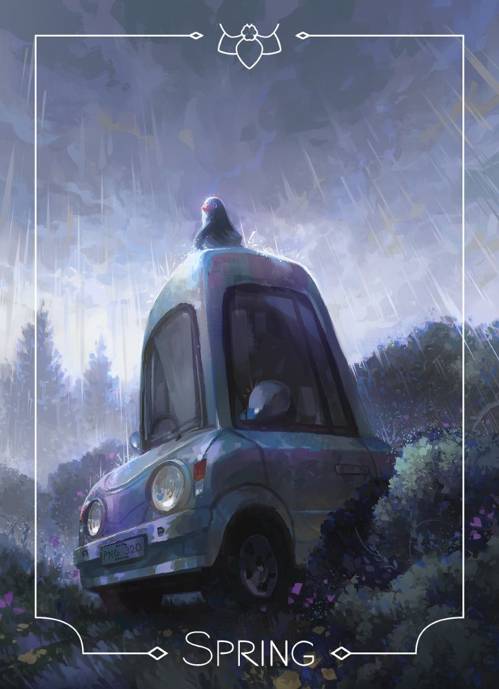 A penguin standing on a car in the rain, surrounded by shrubbery. With a snazzy border.