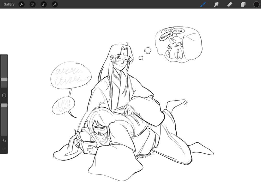 Shen Jiu sits with Shen Yuan sprawled over his lap. Shen Yuan holds a book in his hands and read aloud while kicking his feet behind him. Shen Jiu seems peaceful and happy about this, petting Shen Yuan’s back and day dreaming of petting a kitty version of Shen Yuan.