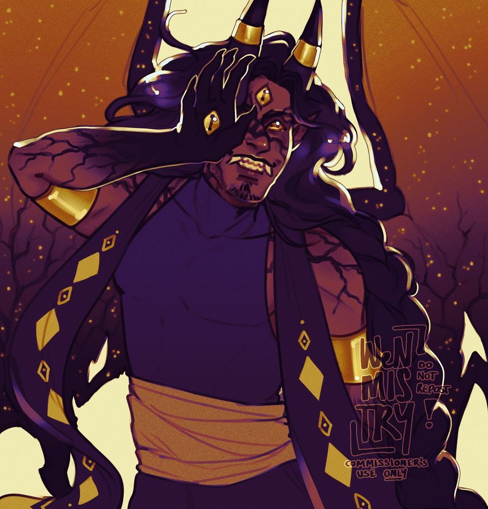 Digital illustration of a gjinka of a Flight Rising dragon. He has dark skin, long black hair, and black cracks all over his skin. His eyes are gold and have horizontal pupils. He has a third eye on his forehead and another on his palm, which is open and covering one of his normal eyes. 