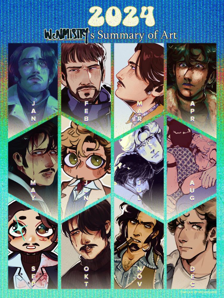 Grid titled "2024: Wenmistry's Summary of Art". Displays 12 art pieces, one for each month of the year. This version features only fanart and OCs of Fargo.