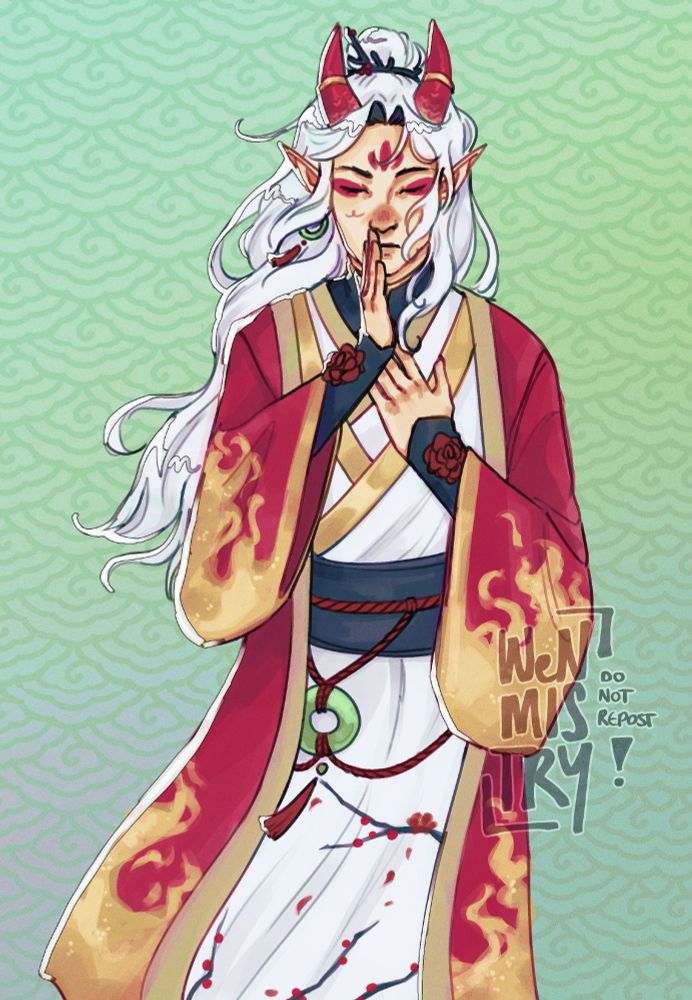 A digital illustration of a man wearing a kimono, his long white hair and flowing robes blowing in the wind. He holds one hand to his chest, and the other in a praying position. His clothing is decorated in patterns of golden fire and tree branches and he has red horns atop his head adorned with gold jewellery.