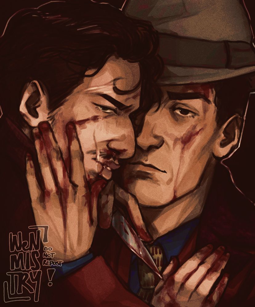 A digital illustration in the style of an oil painting. It depicts Constant Calamita from season 4 of Fargo alongside an original character, Alonzo Bardelli. They are covered in blood and looking into the camera, both smiling. Though they are holding each other like lovers, Calamita is holding a bloody knife to Bardelli's throat.