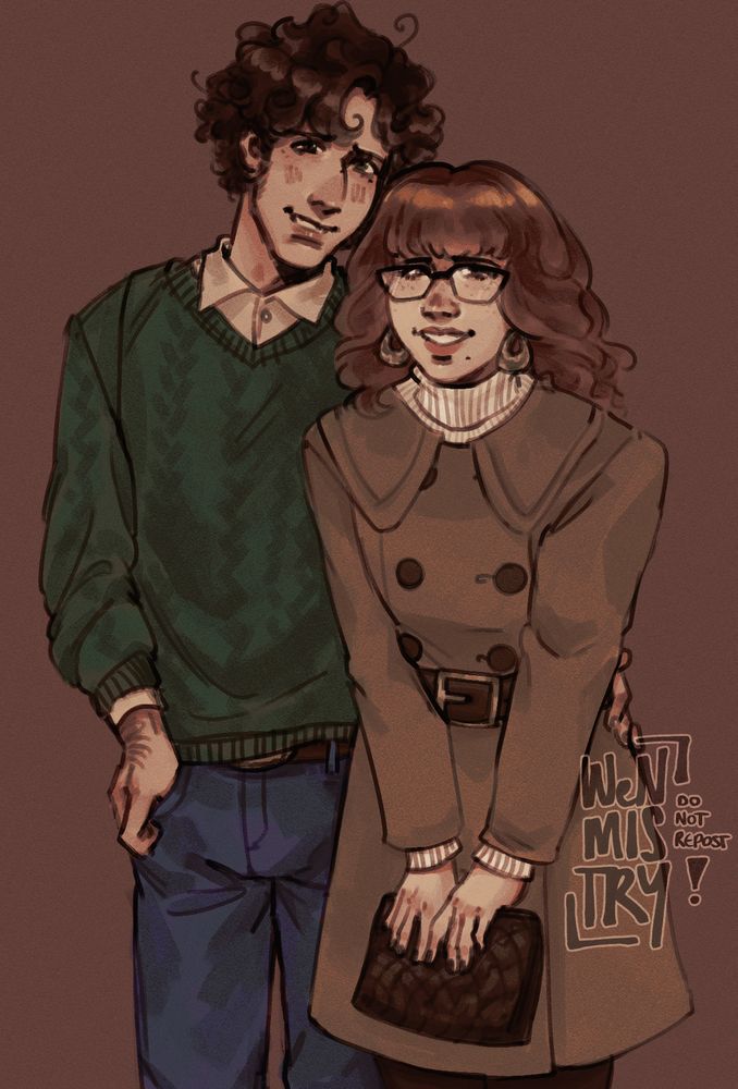 Digital illustration coloured like an old photograph. A taller man (Jethro) and a shorter woman (Annie) stand next to each other, dressed in early seventies-style clothing. They are smiling into the camera and Jethro has his hand on Annie's waist. 