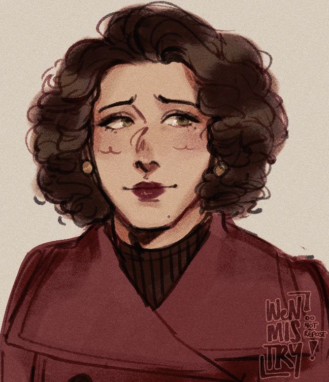 Digital portrait of a woman with curly brown hair styled into a 1950's wavy bob. She's wearing red lipstick and a red coat with a black turtleneck. The colours are washed out like an old photograph.