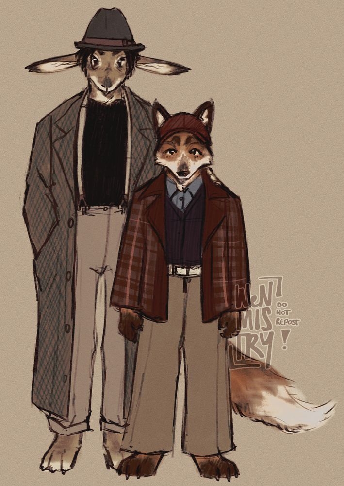 Digital illustration of anthropomorphic designs for two Fargo characters (Rabbi Milligan and Satchel Cannon) drawn to look like a family photo. Rabbi is a wild rabbit with long downturned ears, and Satchel is a young red fox.
