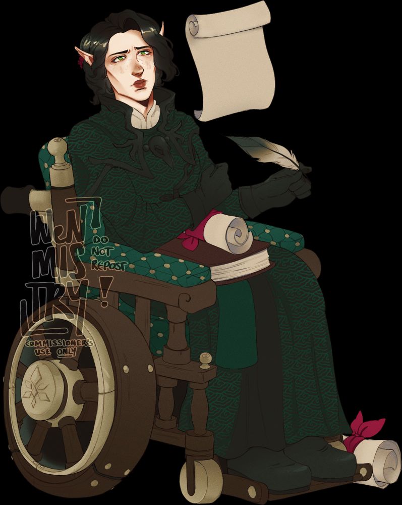 A digital illustration of a fair-skinned, black-haired elf with green eyes. She sits in a wooden wheelchair with emerald cushions which compliment her black and green pattenred robes. A black crow skull clip secures a matching cape over her shoulders, and she is surrounded by books and scrolls. One scroll floats before her as she reads it, holding a black-and-white quill in her hand, ready to continue writing.