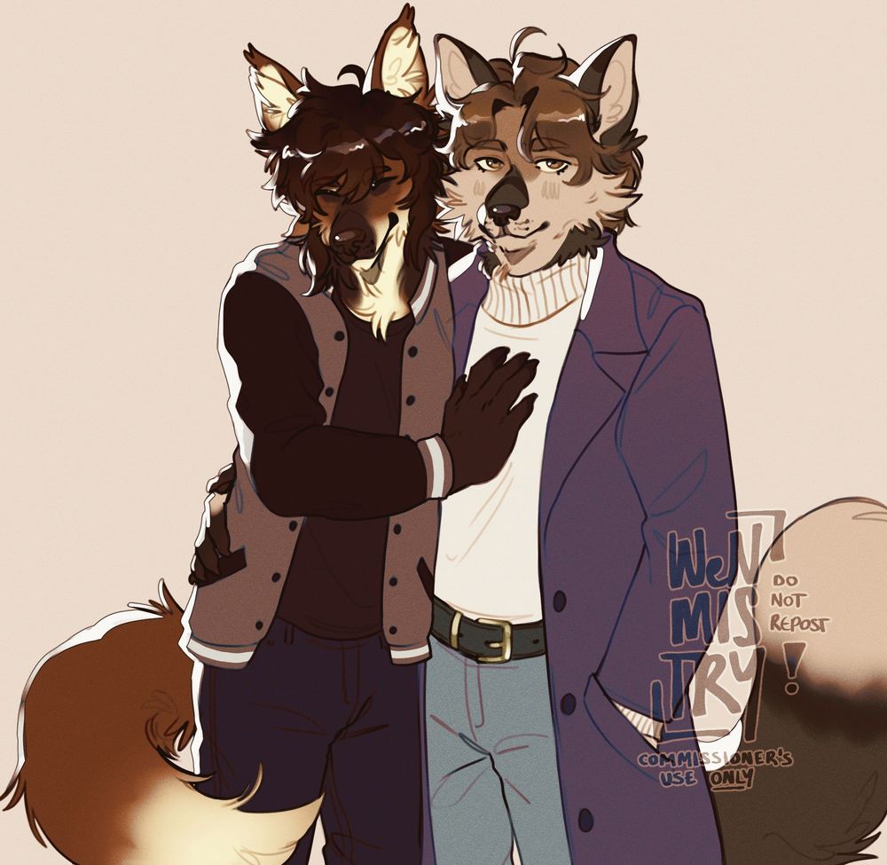 Illustration of two anthro wolves. The one on the left is leaning towards the other with his hand on his chest, while the one on the right has his hand on the other's waist and is looking at the camera.