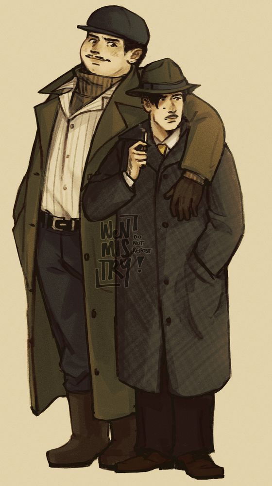 A digital illustration of Gaetano Fadda and Josto Fadda from the TV show Fargo. Gaetano is much taller and has his arm around Josto's shoulder. Josto is holding a lit cigarette.