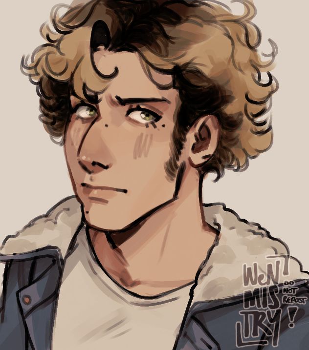 A digital illustration of a man with fluffy bleached blonde hair. He's scowling slightly and wearing a blue denim jacket with a woolen collar.