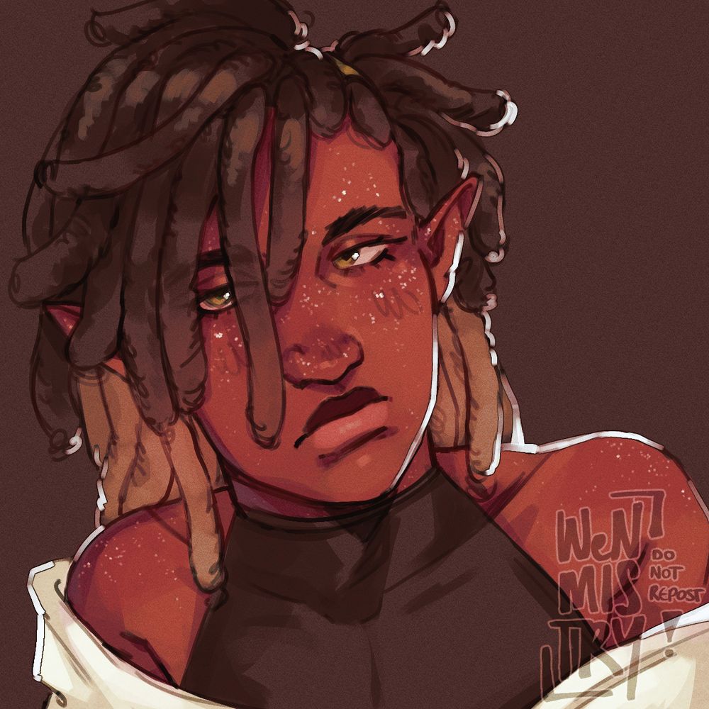 Digital portrait of a frowning man with elf ears. He has long locs, lighter at the back, and white freckles on his face and shoulders.