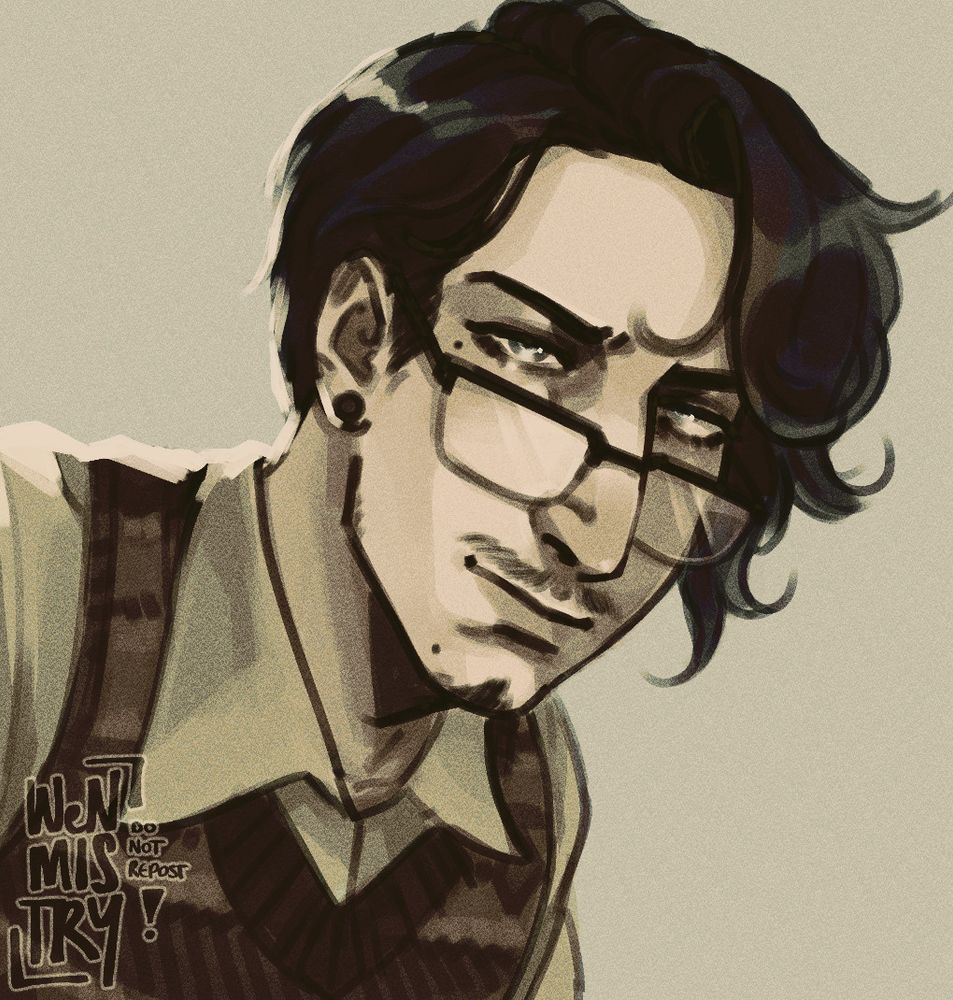 Digital portrait of a man looking into the camera. His eyes are pale blue and he's wearing rectangular glasses, a white shirt and brown sweater vest. He has black hair which is longer on one side, and a thin goatee.