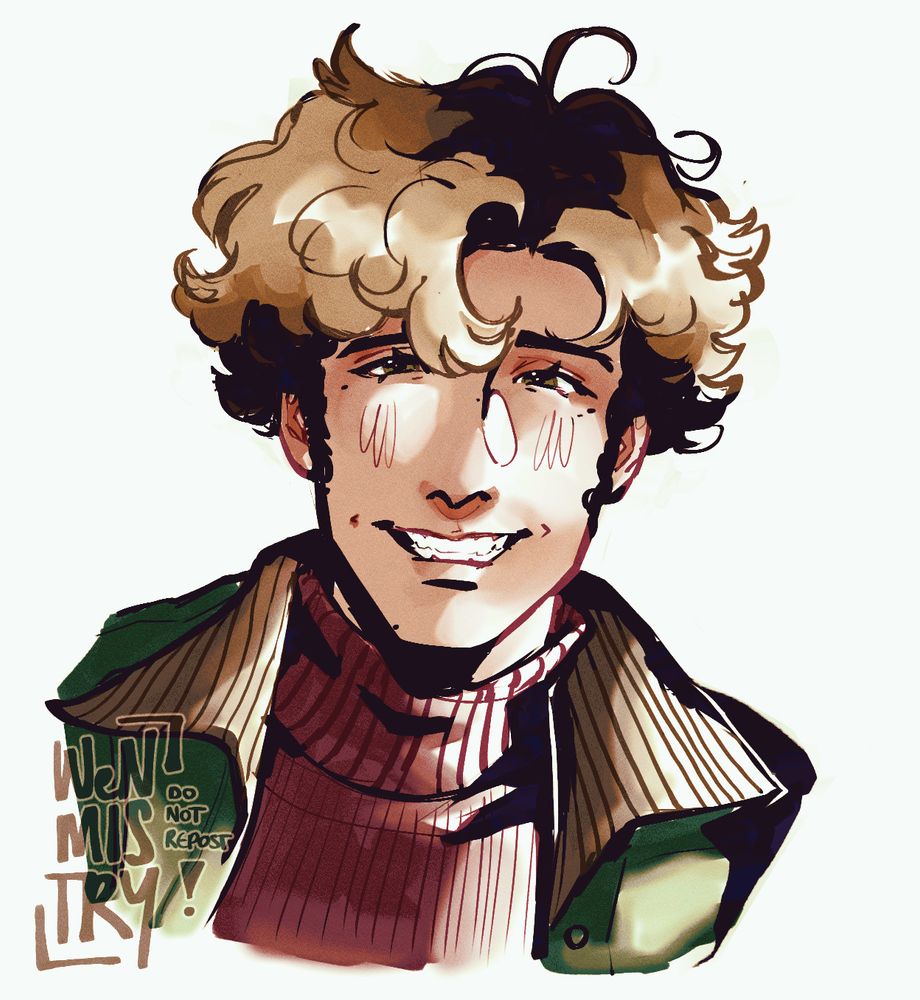 Watercolour style digital illustration of a smiling young man with bleached blonde hair.