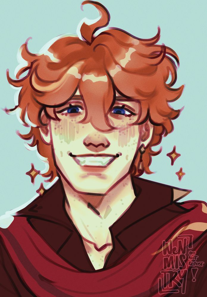 A portrait of Tartaglia from Genshin Impact. He's smiling wide at the camera. He has freckles and fluffy hair, and isn't wearing his grey jacket or his mask.
