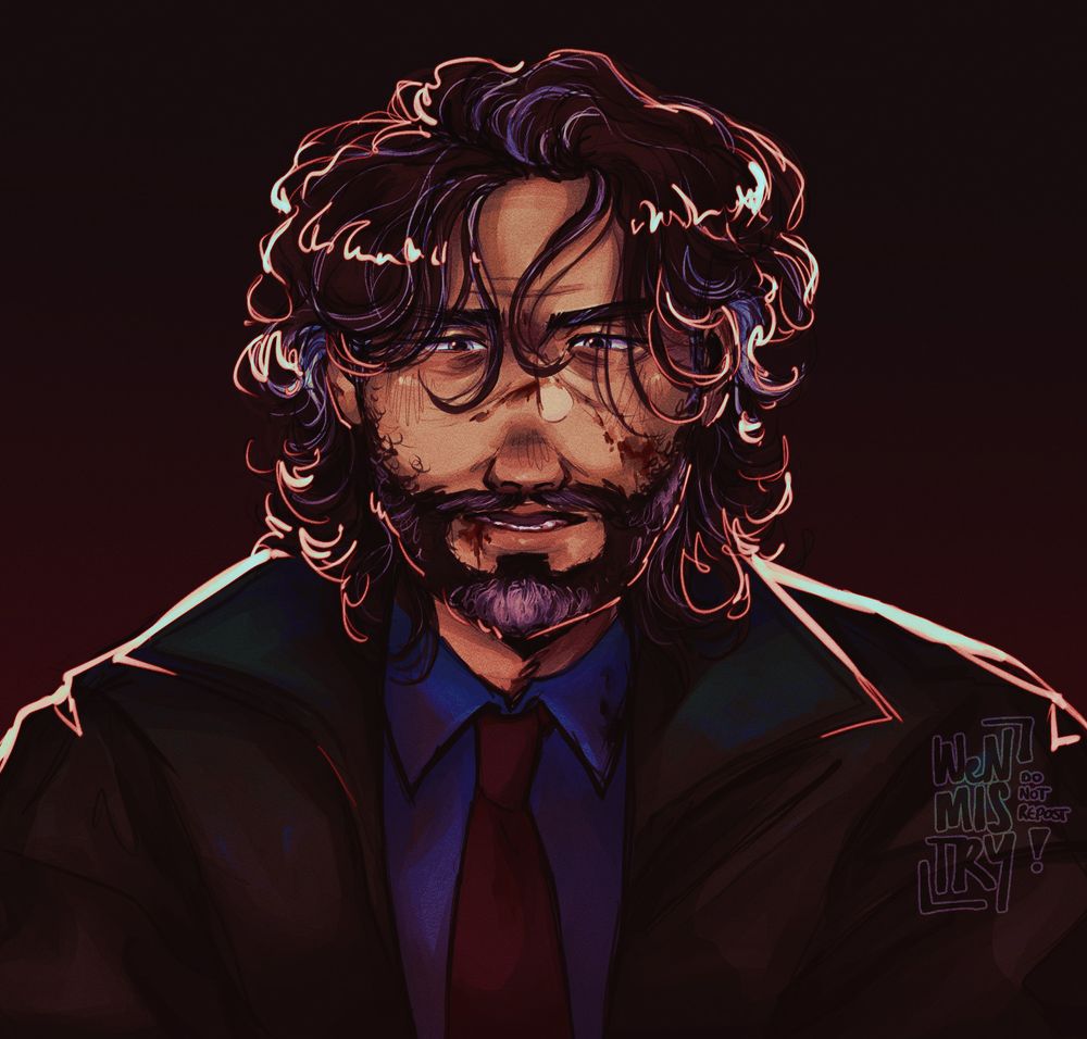 An older version of the previous illustration. This version has a looser art style and the linework is messier, done with a harder brush. In this piece, it is not raining and the man is wearing a different shirt.