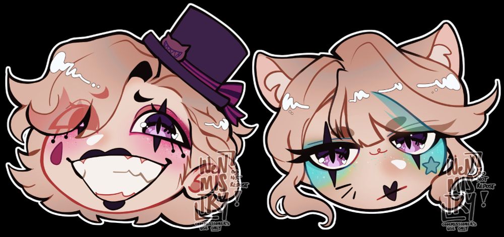 Chibi illustration of Lyney and Lynette from Genshin Impact. Lyney has a wide grin on his face and large fangs, and Lynette is looking blankly into the camera. They have more extreme stage makeup than their canon designs, with pink and blue eye makeup respectively.