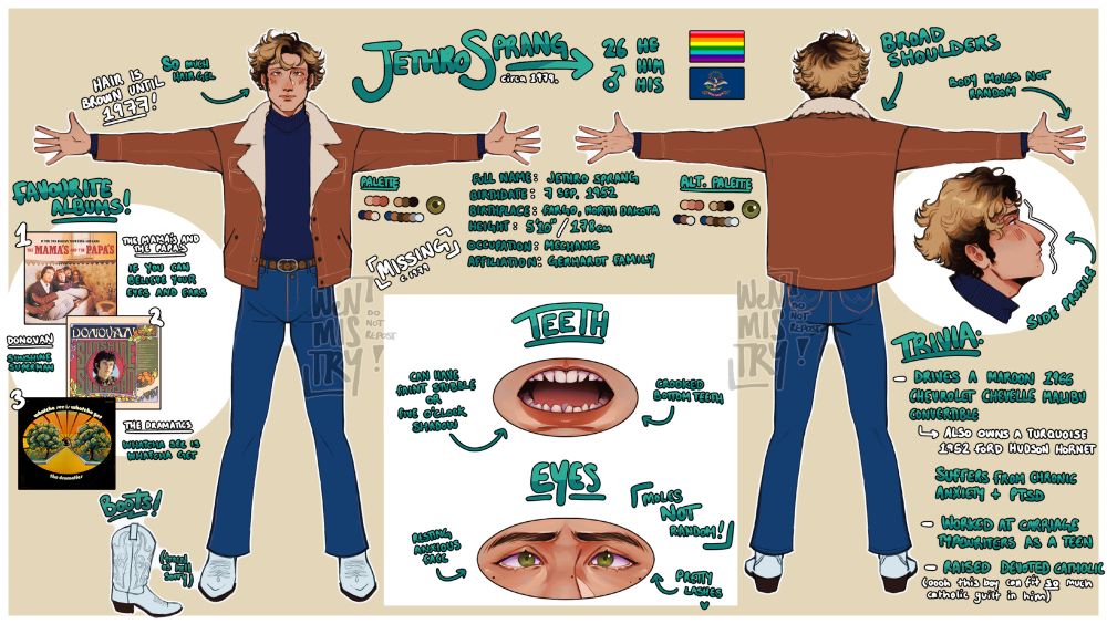 Reference sheet for an original character, Jethro Sprang.