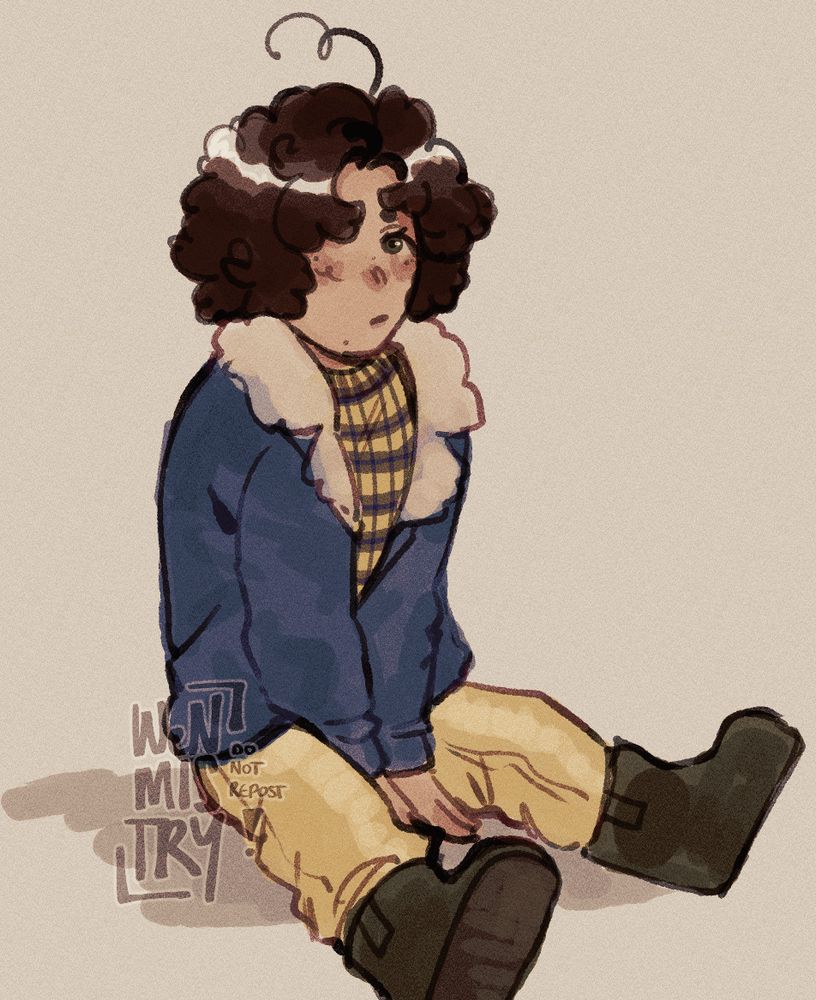 Digital doodle of a child with big, fluffy hair. He's sitting on the floor with his legs out and his hands on the ground in front of him. He's wearing a large denim jacket, a yellow striped sweater, yellow trousers and green welly boots.