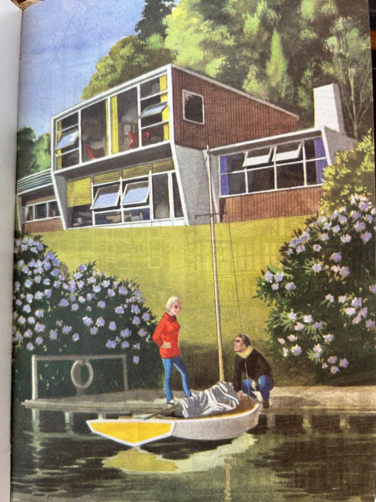 A lovely illustration of a cool modernist house by a river