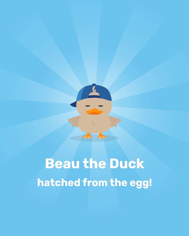 A screencap from the Finch app of a cartoon duck wearing a backwards cap. Below him is written "Beau the Duck hatched from the egg!"