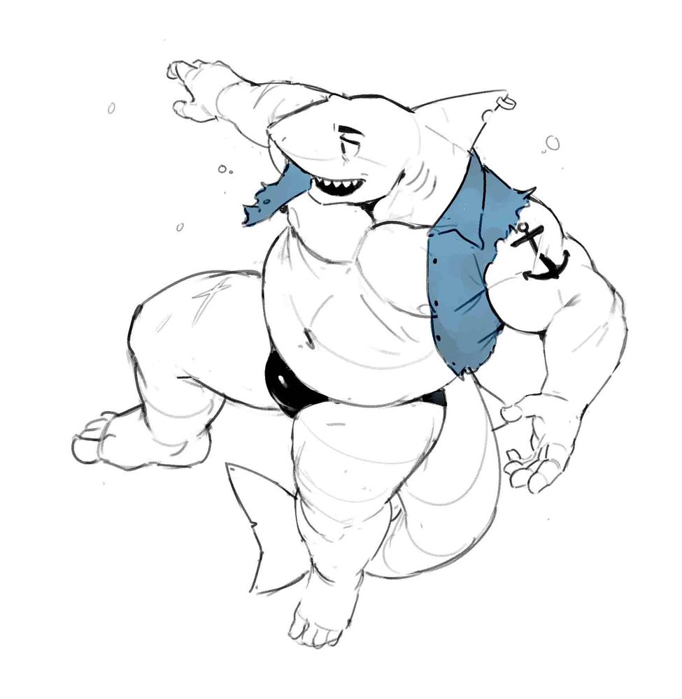 Sketch of a muscular anthropomorphic shark that appears to be floating in water. There is no background and the canvas is white. The shark itself is wearing a torn unbuttoned shirt and has a tattoo of an anchor on its left upper arm. 