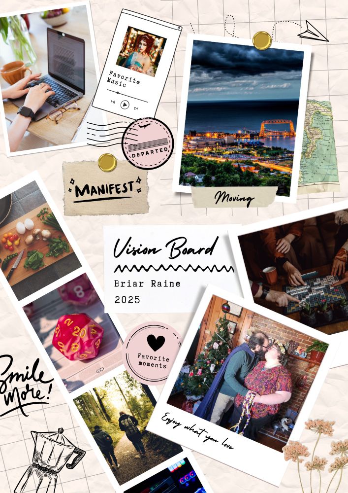A vision board with multiple images in polaroid picture boxes and some in a photo sheet picture box. An image of typing on a pc, one of the cover of Chappel Roan's The Rise and Fall of a Midwest Princess album, a skyline shot of Duluth, MN, an image of a group playing a board game, an image of a couple kissing with a handfasting cord around their hands, an image of food items on a cutting board, a d20, people on a hiking trail, and travel and coffee themed clipart. 