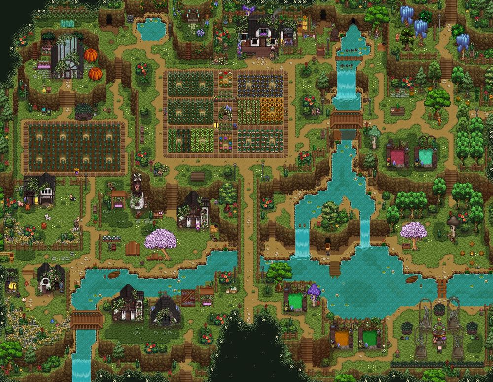 Image of a custom Stardew Valley fam map with many hills, rivers, and waterfalls. There are two crop fields, one below the farm house and one below the greenhouse. There are 5 fish ponds scattered around the farm, one coop, one barn, a mill, two sheds, and a slime hutch. There are cute furniture pieces placed around to make sitting areas. The warp obelisks and golden clock are in the right corner. Using DaisyNiko's Earthy recolor and many mods for buildings and foliage. 
