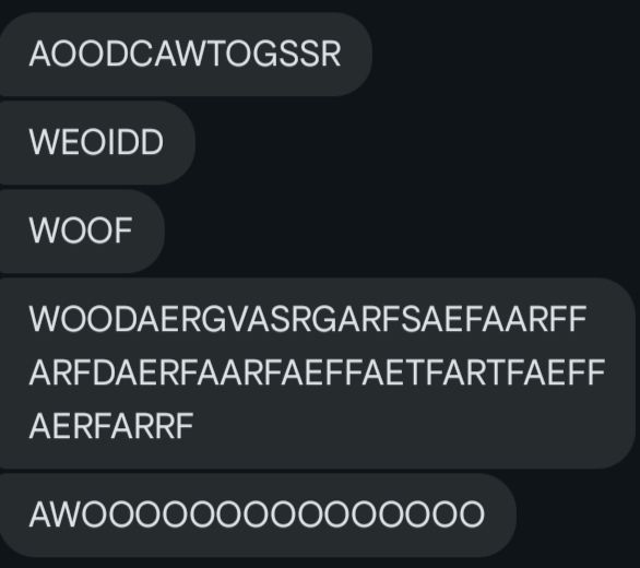 A text from someone which reads 
"AOODCAWTOGSSR
WEOIDD
WOOF
WOODAERGVASRGARFSAEFAARFFARFDAERFAARFAEFFAETFARTFAEFFAERFARRF
AWOOOOOOOOOOOOOOO"