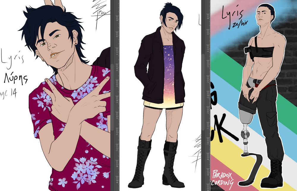 3 pictures of Lyris, a genderfluid Greek-Israeli Australian

1. Age 14, posing with two peice signs looking like a dork. Hir hair is messy. Off camera hir sister gives hir bunny ears

2. Age 19. In a short sunset coloured dress covered in stars wearing hir sister's leather jacket and knee high motorbike boots

3. Age 21. No shirt but with a gun holster strapped over hir chest and in a pair of tactical pants showing off hir prosthetic leg.