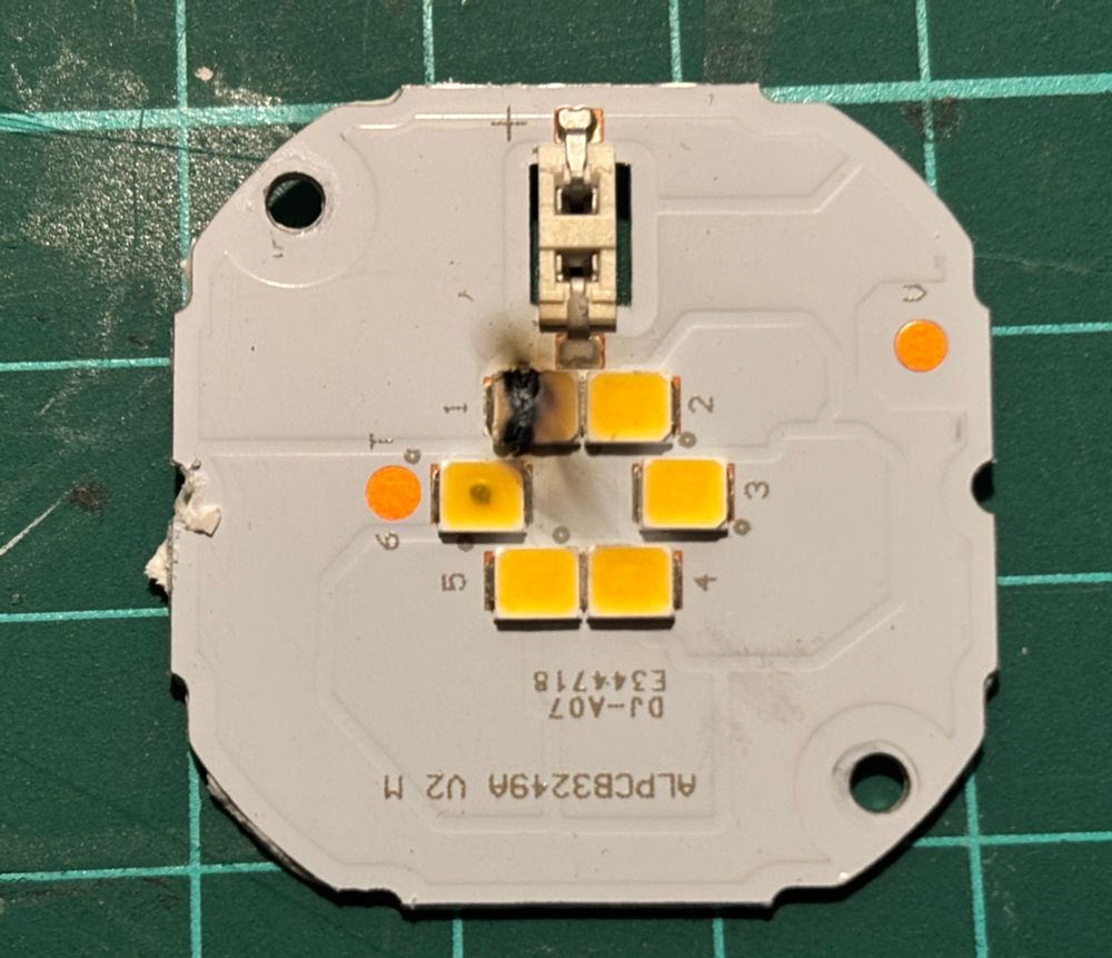 LED lighting module with burning on one of the chips.