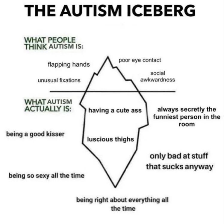 Iceberg meme.
Above the line:
What people THINK autism is: flapping hands, poor eye contact, unusual fixations, social awkwardness
Below the line:
What autism ACTUALLY is: having a cute ass, always secretly the funniest person in the room, being a good kisser, luscious thighs, only bad at stuff that sucks anyway, being so sexy all the time, being right about everything all the time