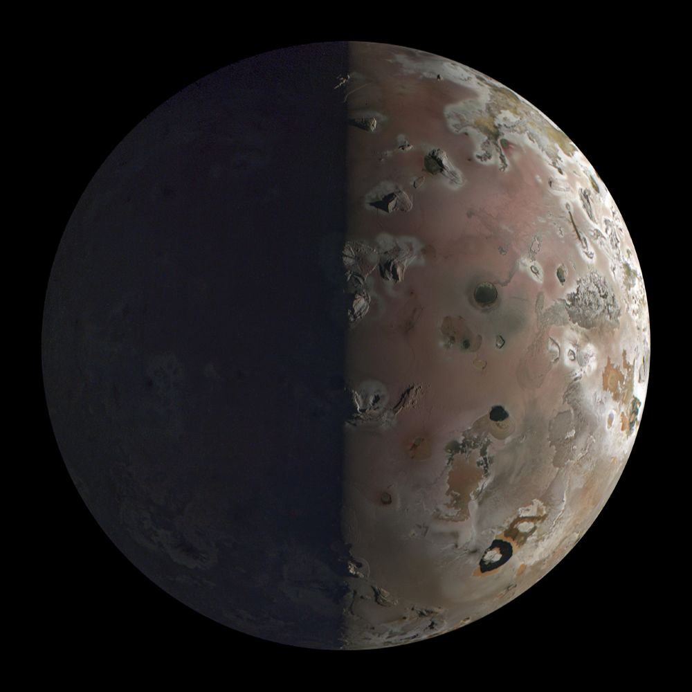 A true color image of Io as imaged by Juno on December 30, 2023 during its closest flyby. This is the closest a spacecraft got in the past 20 years. North is up and this side of Io faces Jupiter. The ↄ-shaped black spot is Loki Patera, to its north is the black spot Amaterasu Patera volcano and further north is the Dazhbog Patera also a black spot.

Source: https://commons.wikimedia.org/wiki/File:Io_imaged_by_Juno_spacecraft.png
NASA/JPL-Caltech/SwRI/MSSS/Kevin M. Gill