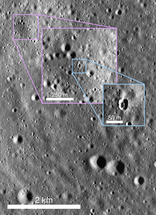 Image of the surface of the moon showing many craters. In the top left there is a rectangle with two zoom in boxes with successive zoom levels to one crater that has an elongated shape. In the center of that crater one can see the outlines of a rocket stage.

Credit: NASA/GSFC/Arizona State University/R. Marschall

Source: https://www.lroc.asu.edu/featured_sites/18/site_images/233