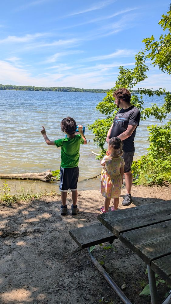 Dad (the poster) and two children, one boy and one girl, stand in a small clearing staring out from the edge of water at a lake. The trees on the far edge are visible in the distance. The boy is pointing out and an object out of frame and holding a tablet to try to take a picture. The girl is scratching her chin curiously.